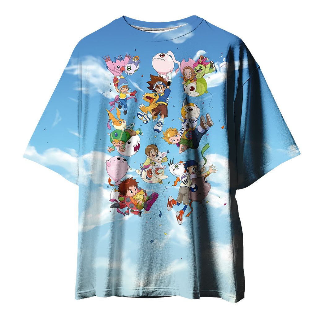 Digimon Adventure Agumon Flying Through Sky Blue Clouds Anime Apparel