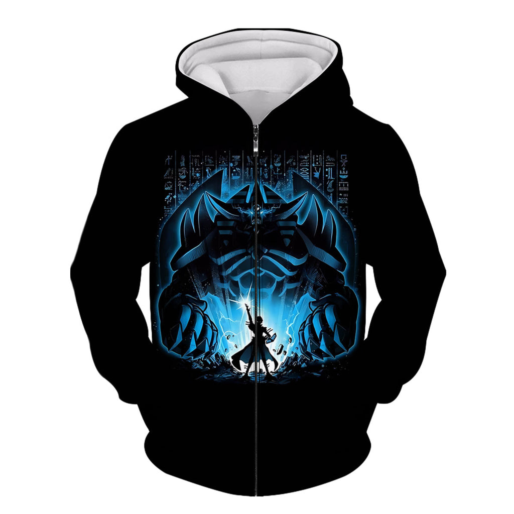 Yugioh Dark Magician Standing Before Giant Blue Figure Anime Apparel
